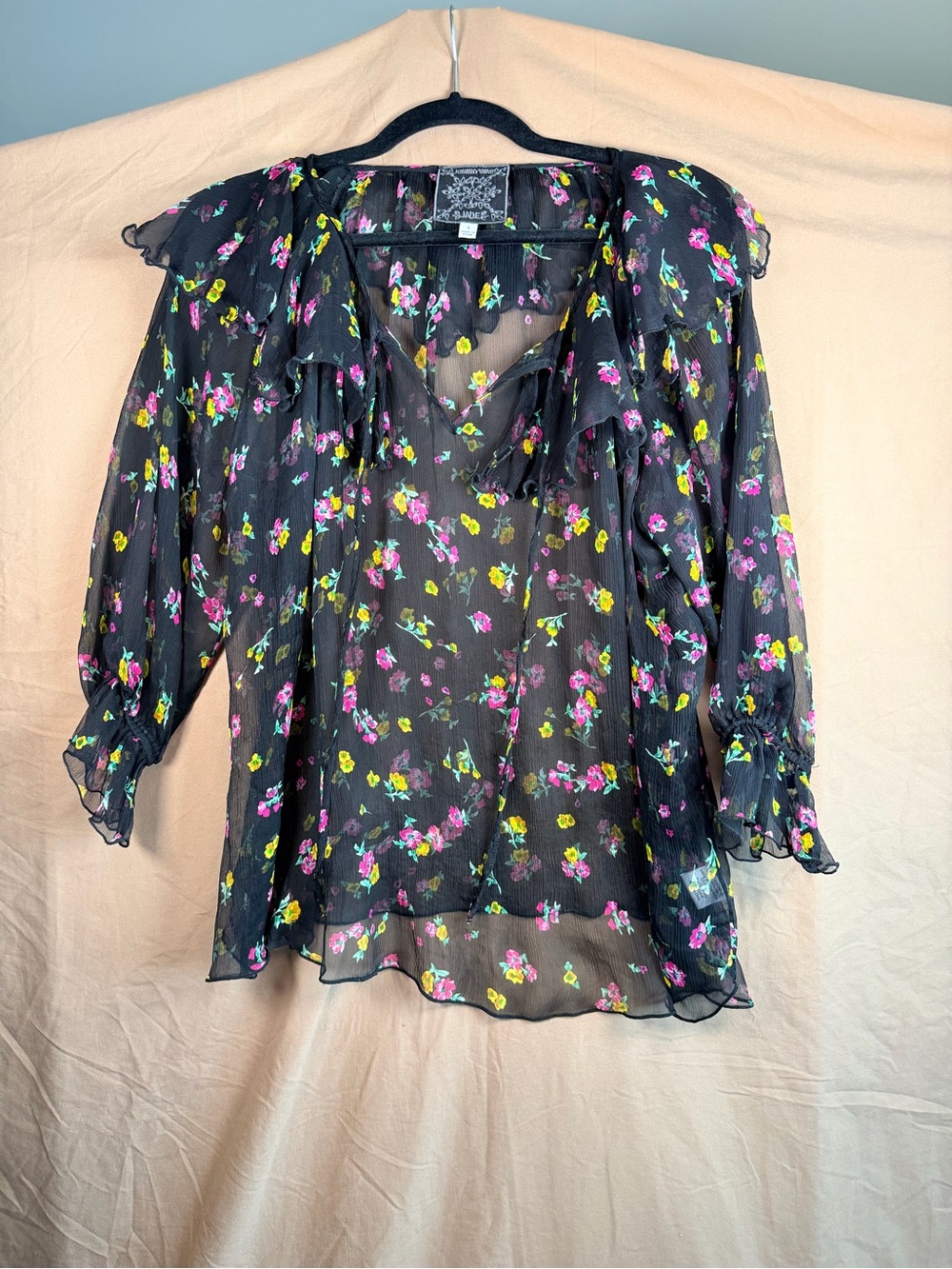 Johnny Was 100% Silk Sheer Floral Ruffle Blouse Whimsigoth Boho Romantic S